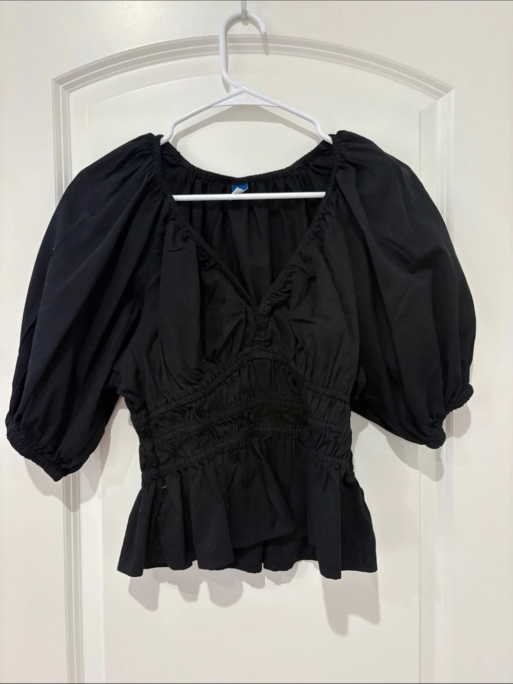Old Navy Black Puff-Sleeve Smocked Peplum Blouse